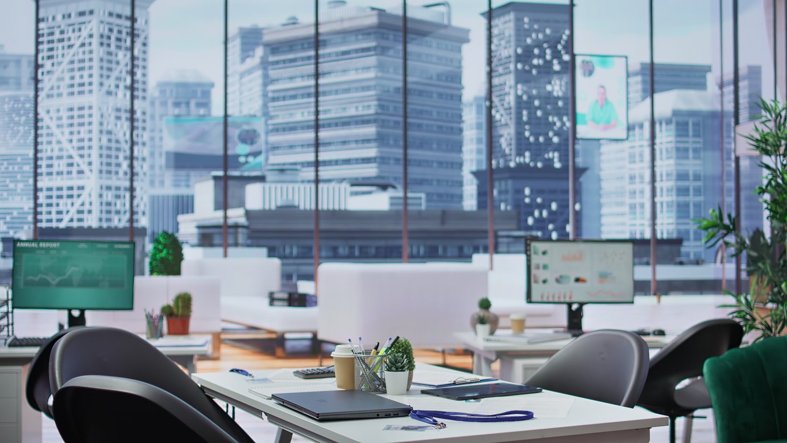 Empty well equipped business office with computers used in recruitment process, showcasing cv resumes and potential candidates. Human resources department deals with job interviews.